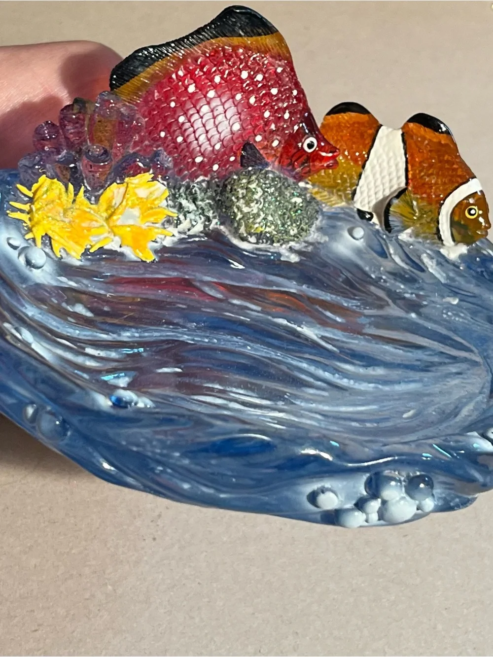 Vtg 3D Acrylic Ocean Sea Life Coral Reef Tropical Fish Waves Soap/Trinket Dish